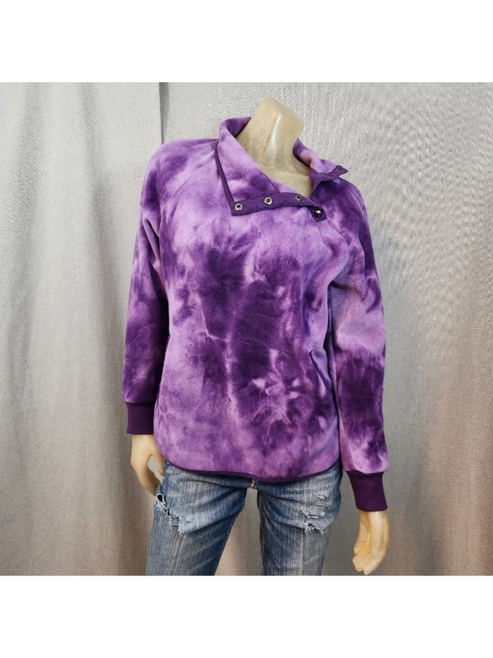 Green Tea Purple Tie Dye Snap Collar Long Slv Sweatshirt Top Shirt SMALL Pockets